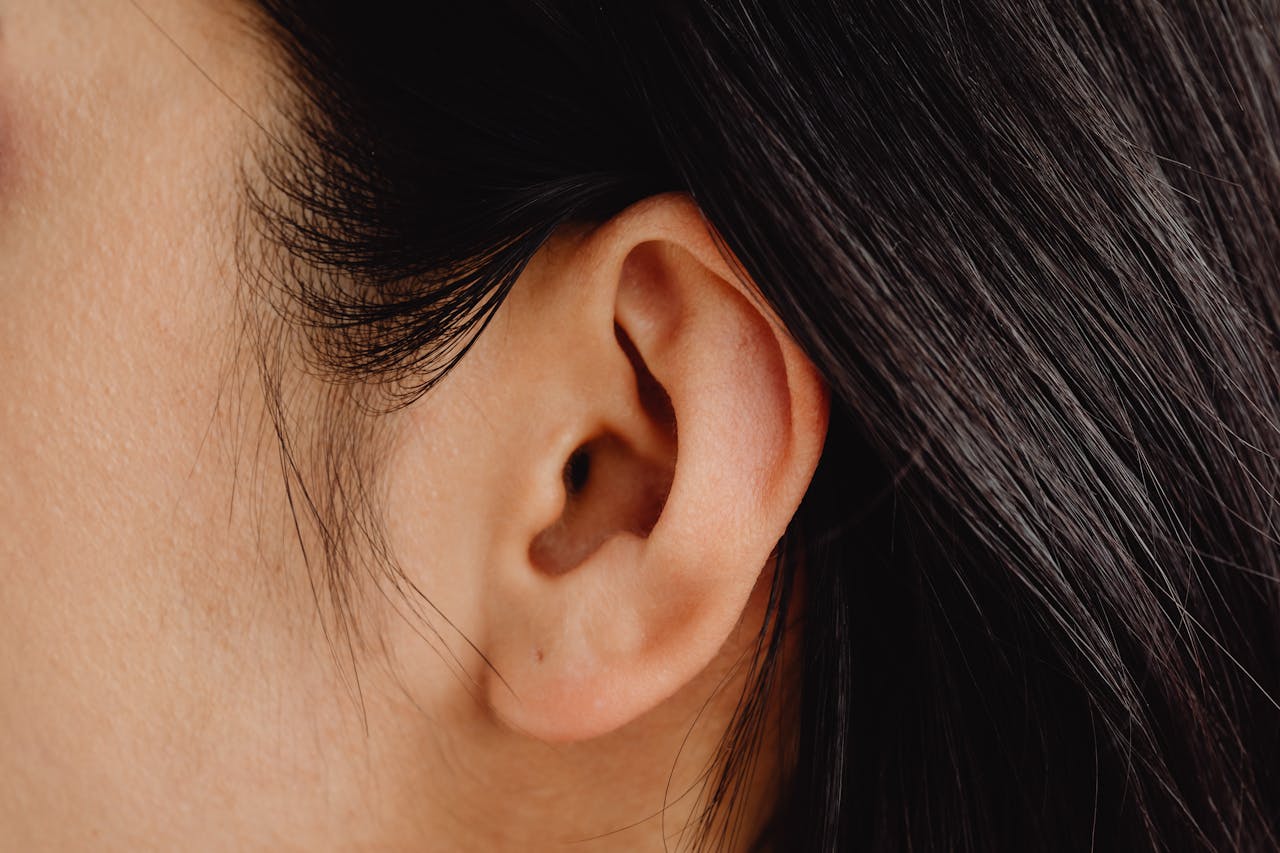 embark Detailed close-up photo showcasing a human ear with dark hair.